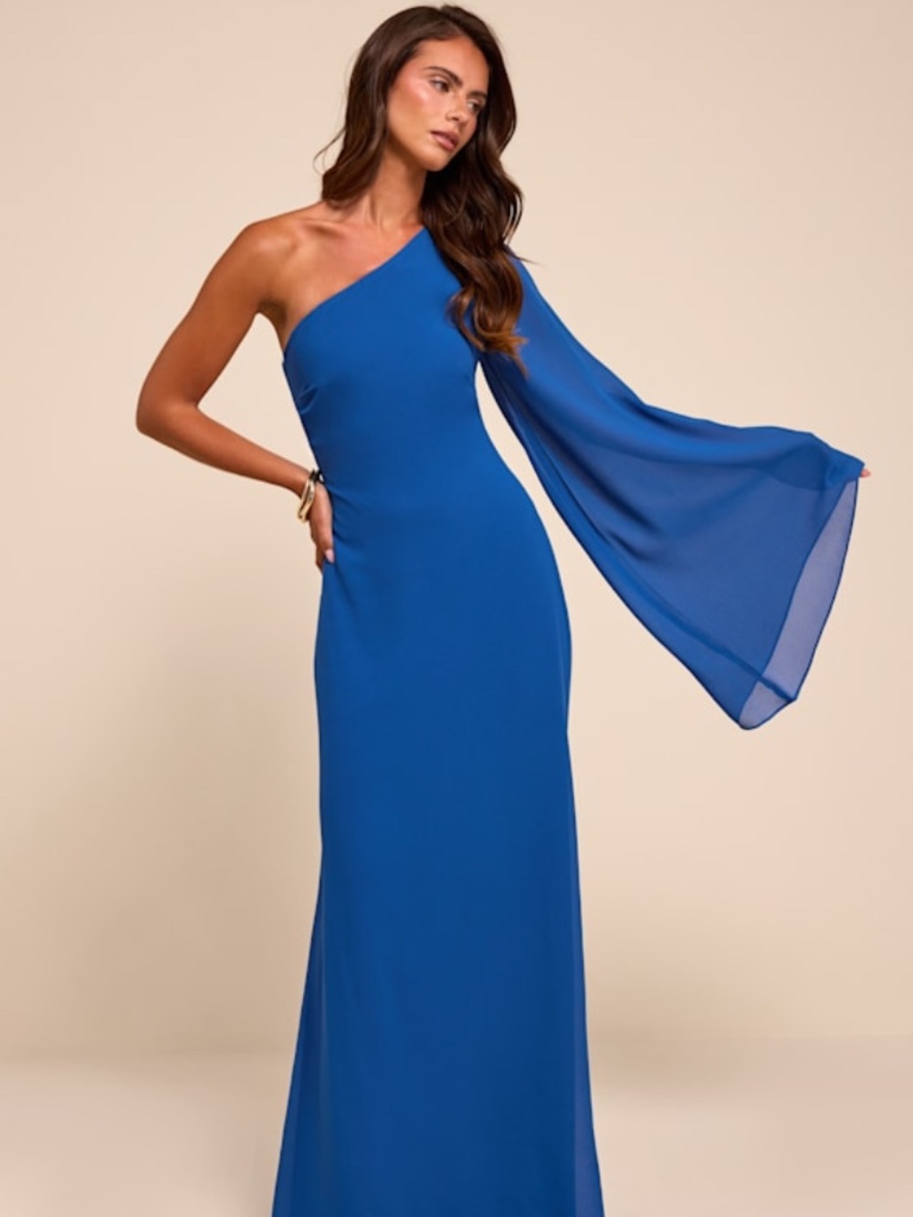 Lulus Elizabeth Blue One-shoulder Bell Sleeve Maxi Dress - Size XS